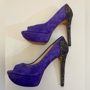 Boutique 9 Purple Suede Glitter 5” Heels Open Toe Shoe Leather 9M